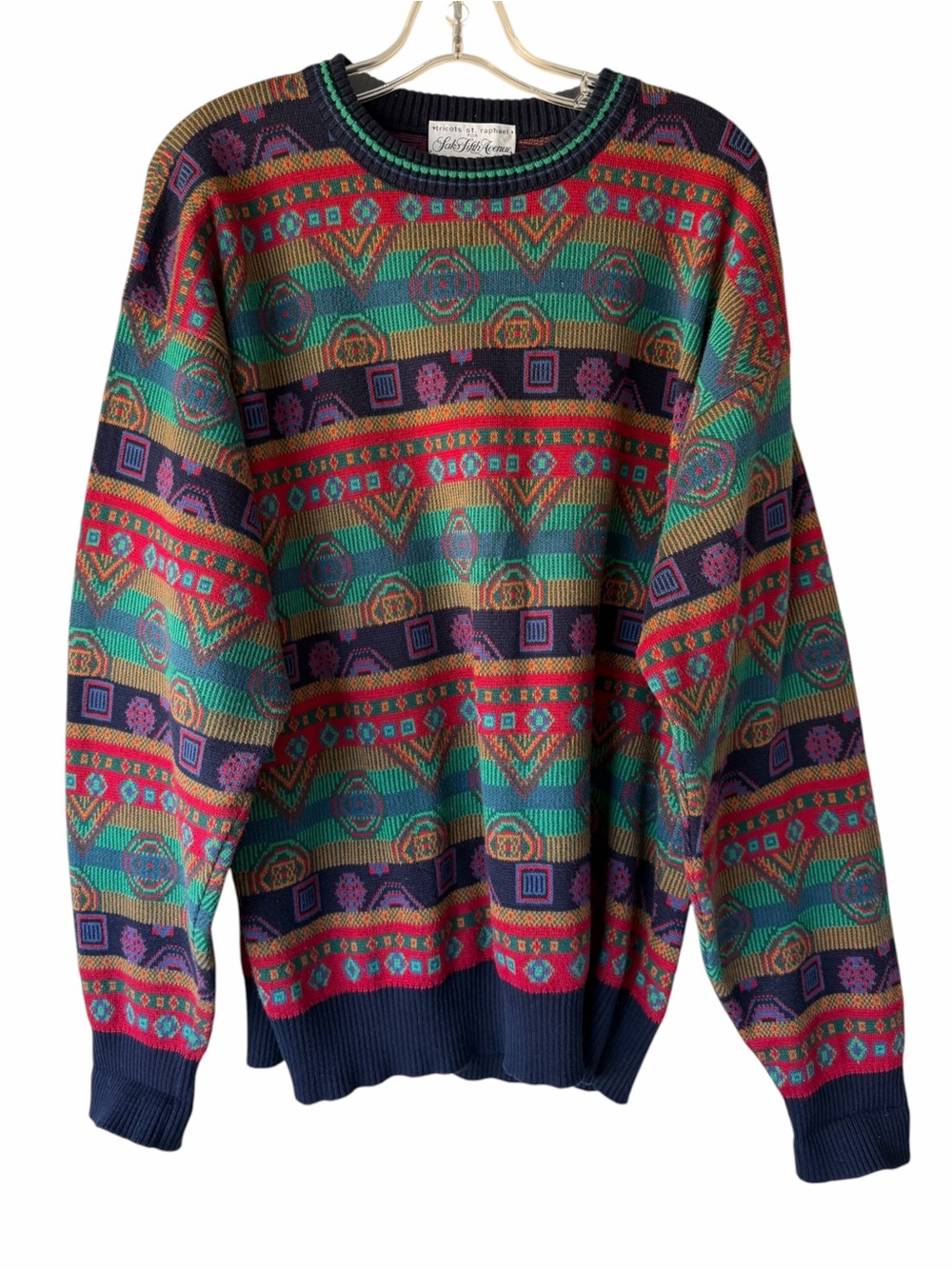 SAKS FITH AVE Vintage Tricor St Raphael Multi-Color Patterned Crewneck Sweater